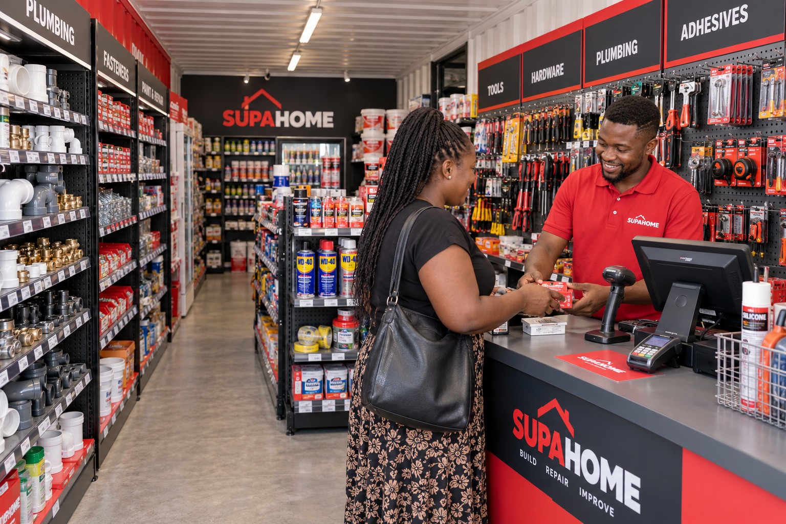 Compact hardware shelving and a point-of-sale counter with a male African shop assistant