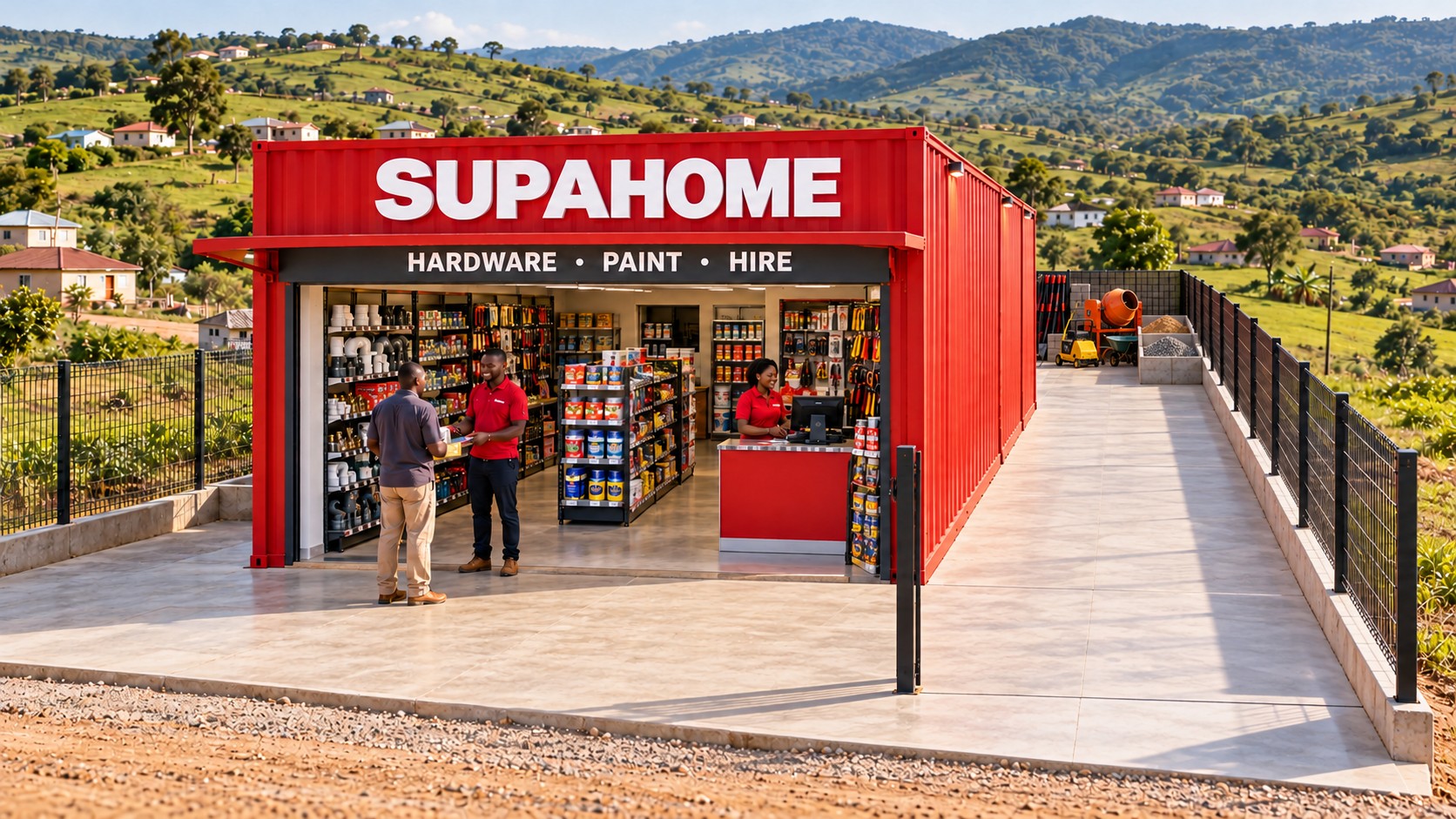 Proposed compact Supahome shop in KwaZulu-Natal with a clear frontage and hire equipment, sand and stone in a right-side yard