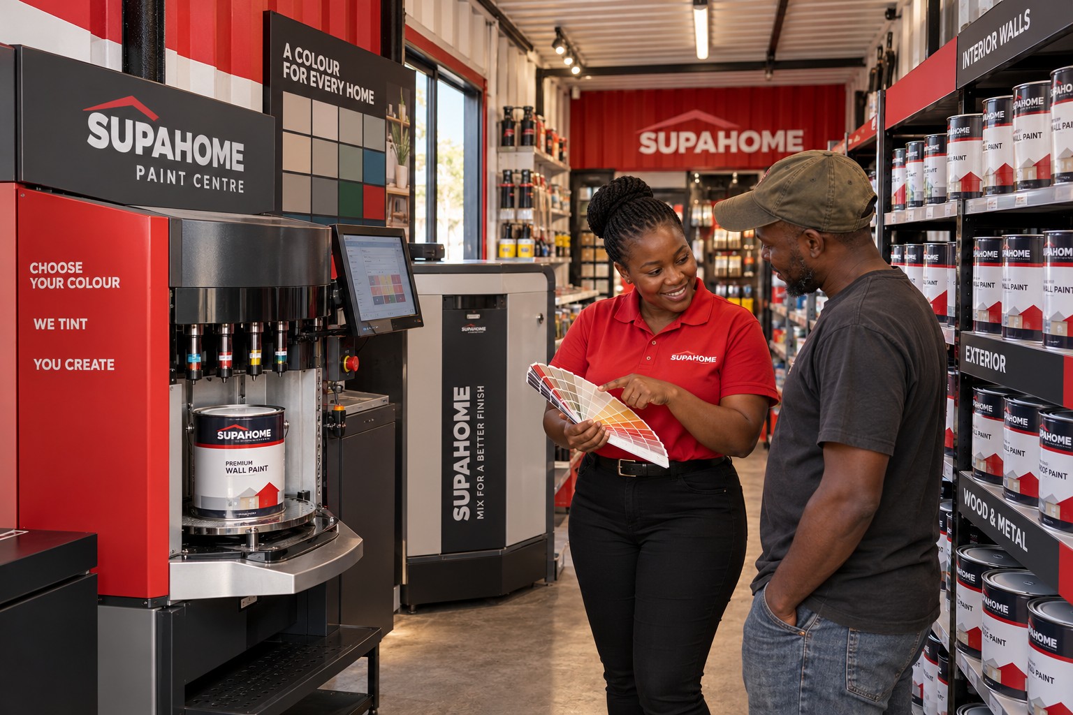 Female African assistant helping with colour selection beside a compact paint mixing machine