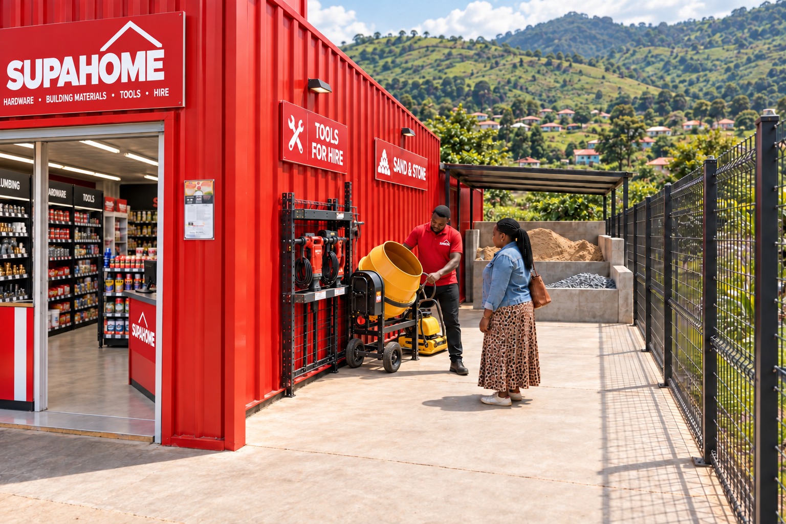 Right-side yard beside the store with a concrete mixer, compactor, sand and stone bays, leaving the frontage clear